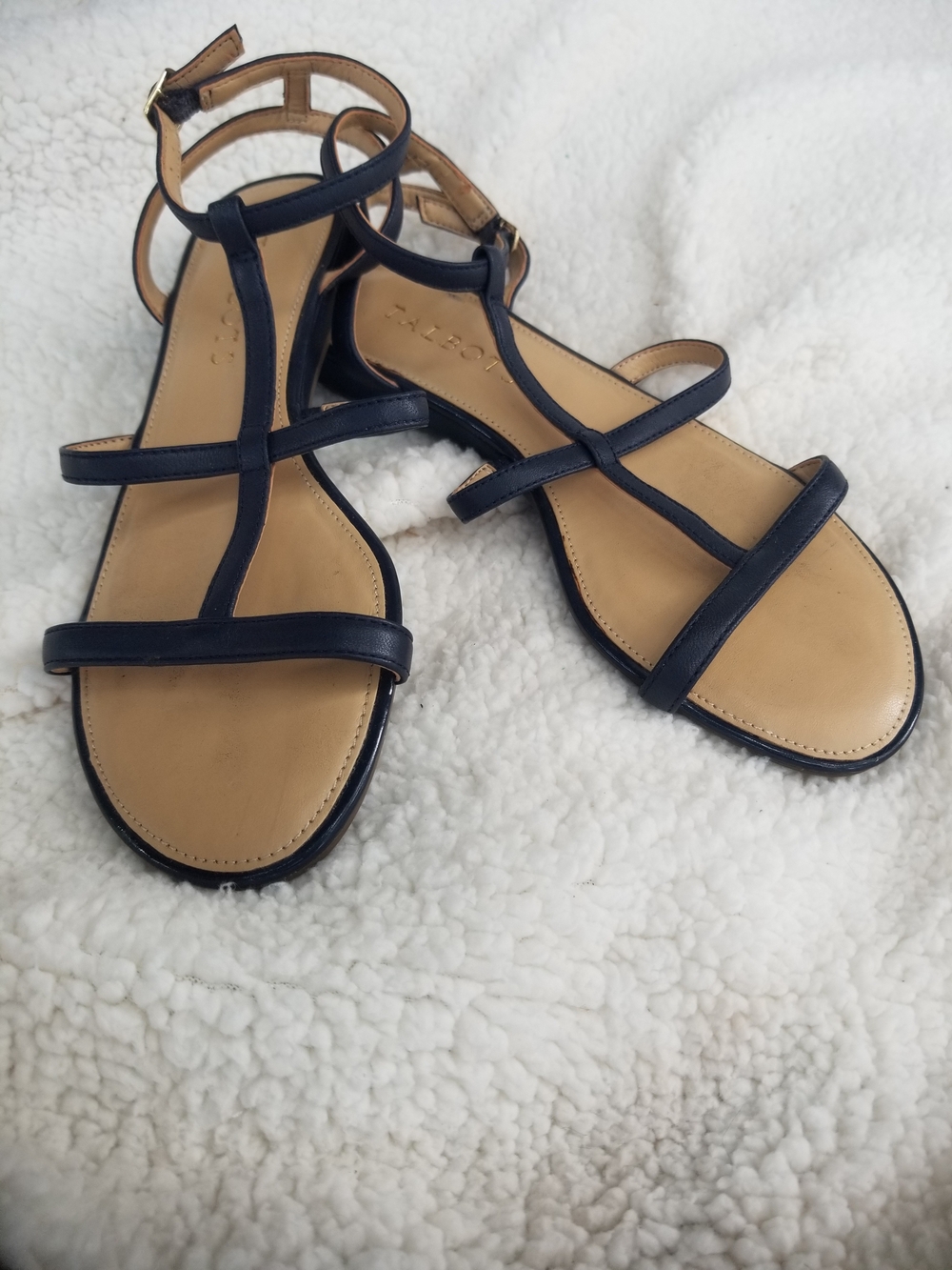 Talbots T-Strap Navy Leather Sandals with Ankle Buckle